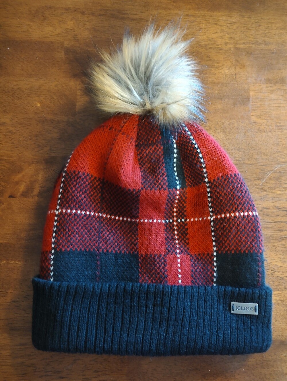 Igloos Red Plaid Beanie with Faux-Fur Pom and Navy Cuff